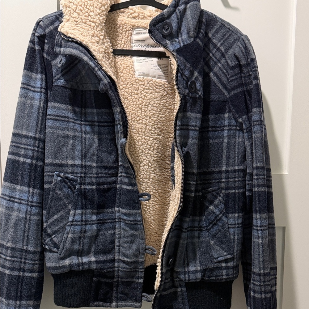 Vintage Aeropostale Navy and Cream Plaid Wool Jacket Hood Inside Zip Pocket M
